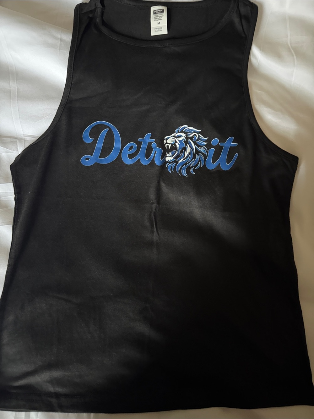 SHEIN Black Tank Top with Blue Detroit Script & Lion Graphic